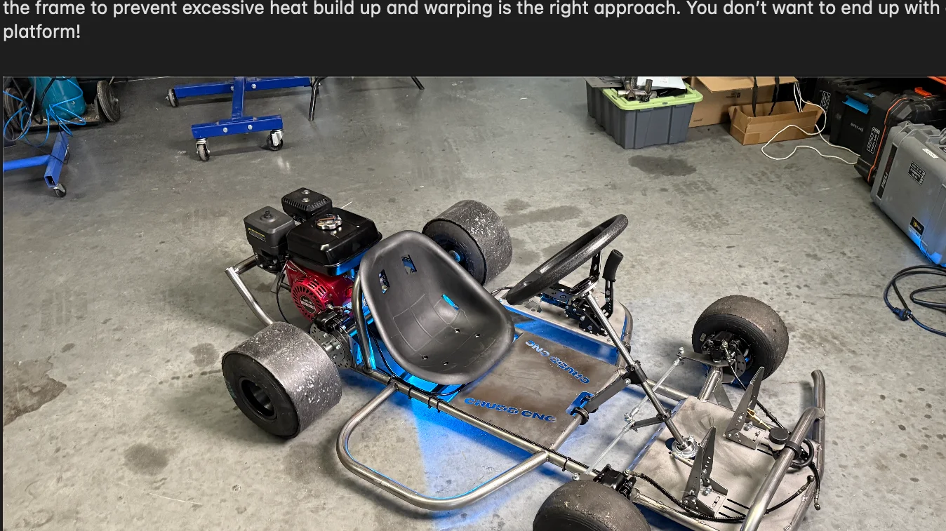 Luke’s Dad Drift Kart trial assembled with its engine, seat and wheels before painting